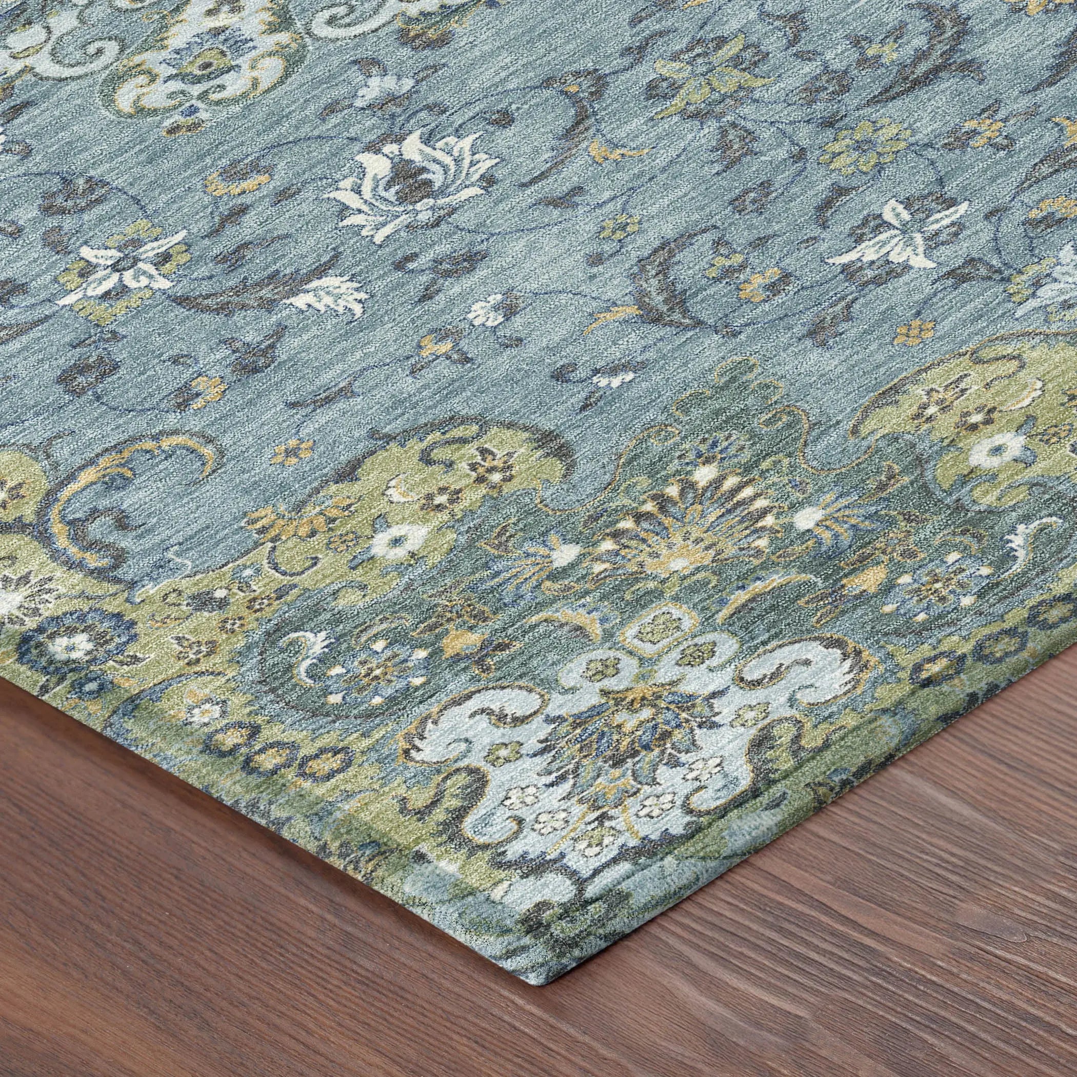 3' X 5' Teal Blue And Gold Floral Medallion Washable Indoor Outdoor Area Rug Homeroots Outdoor